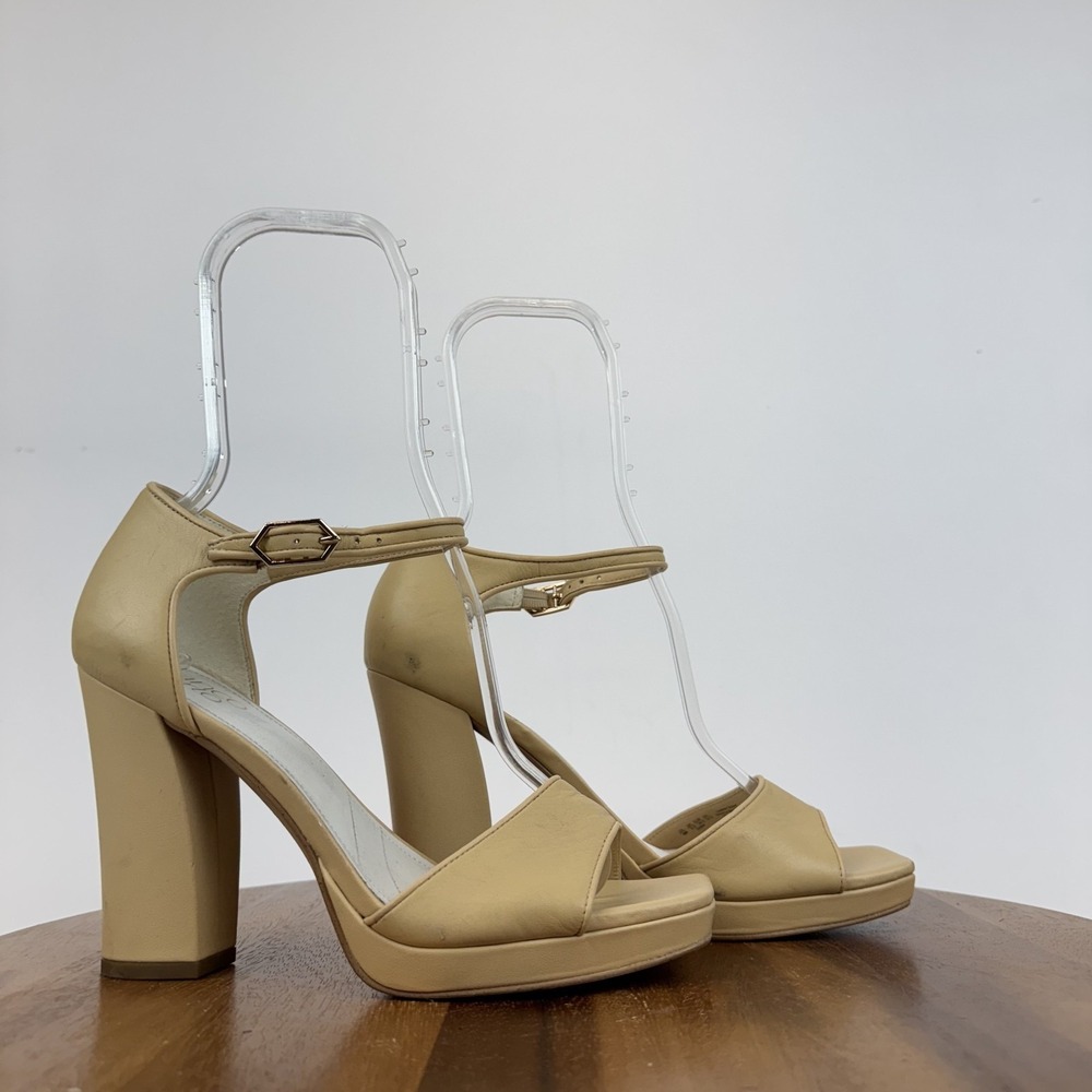 Womens Franco Sarto Dima Beige Leather Ankle Stap Platform Heeled Sandals Size 8